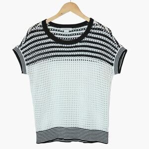 Liz Claiborne Vintage Sweater Short Sleeve Open Knit Stripe Blue White Summer L